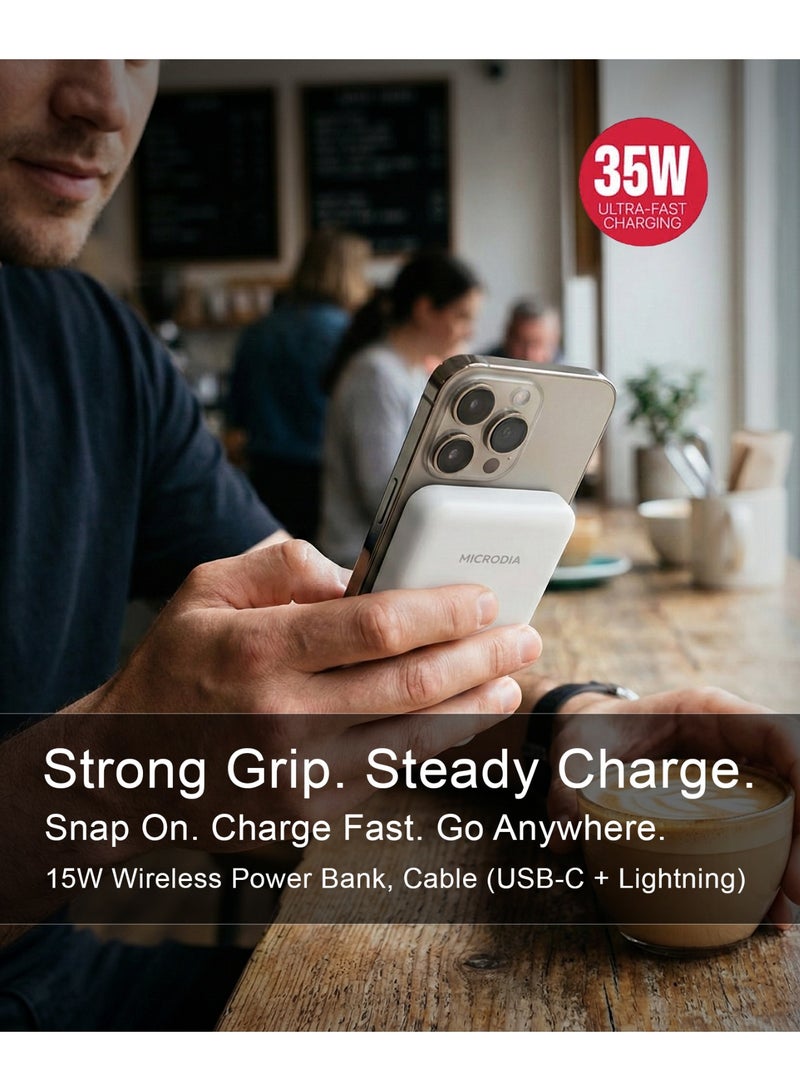 MICRODIA SNAPPower Traveler 10000mAh Magnetic Power Bank, PD 35W MagSafe Wireless Charger With convertible  USB-C to Lightning Cable for iPhone 16 Pro Max, Samsung S25 Ultra – White - Image 5